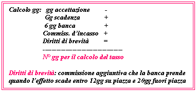 Text Box: Calcolo gg: gg accettazione -
 Gg scadenza +
 6 gg banca +
 Commiss. d'incasso +
 Diritti di brevit =
 -------- ----- ------ --
 N gg per il calcolo del tasso

Diritti di brevit: commissione aggiuntiva che la banca prende quando l'effetto scade entro 12gg su piazza e 20gg fuori piazza
 

